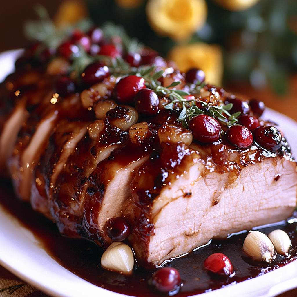 A festive pork roast with fruit glaze decoration