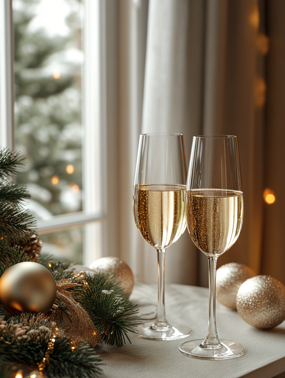 A festive table with champagne and decorations