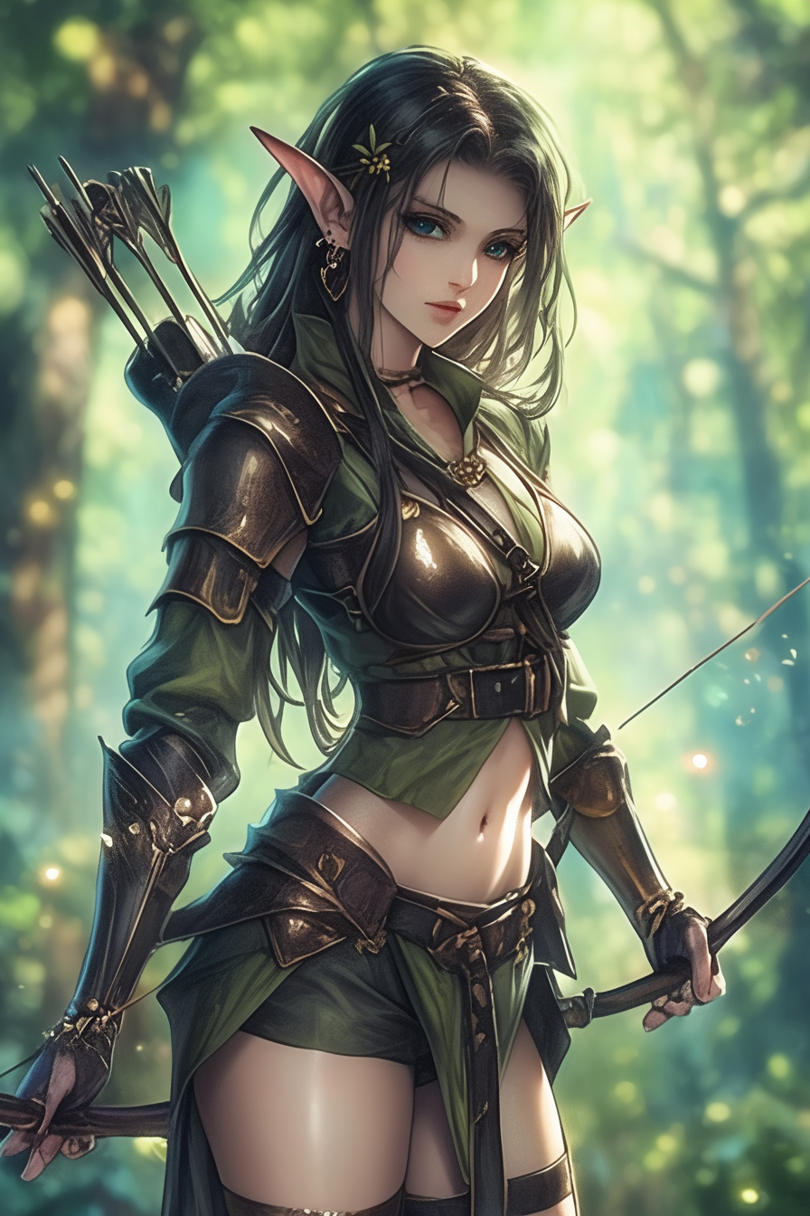 A fierce Elf woman in armor with bow