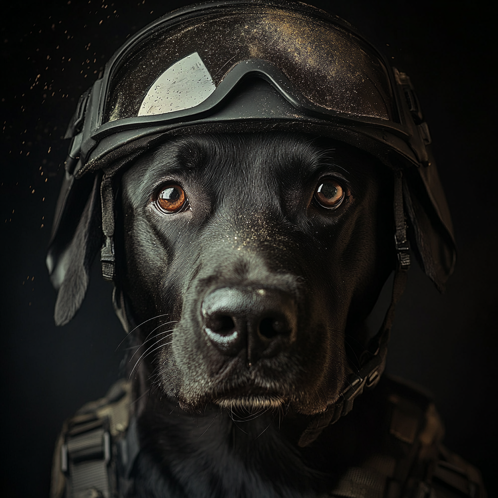 A fierce Labrador in military gear, facing camera