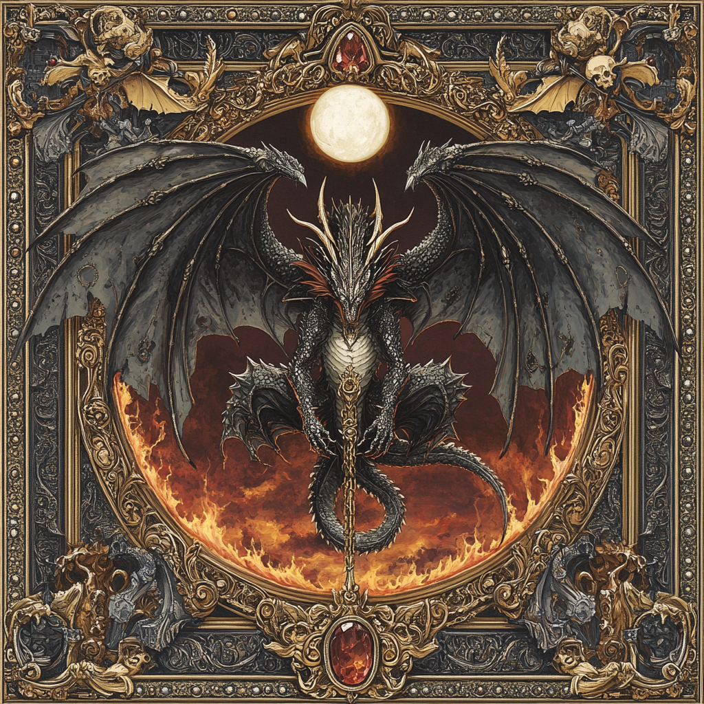 A fierce gothic dragon with detailed wings and gems.