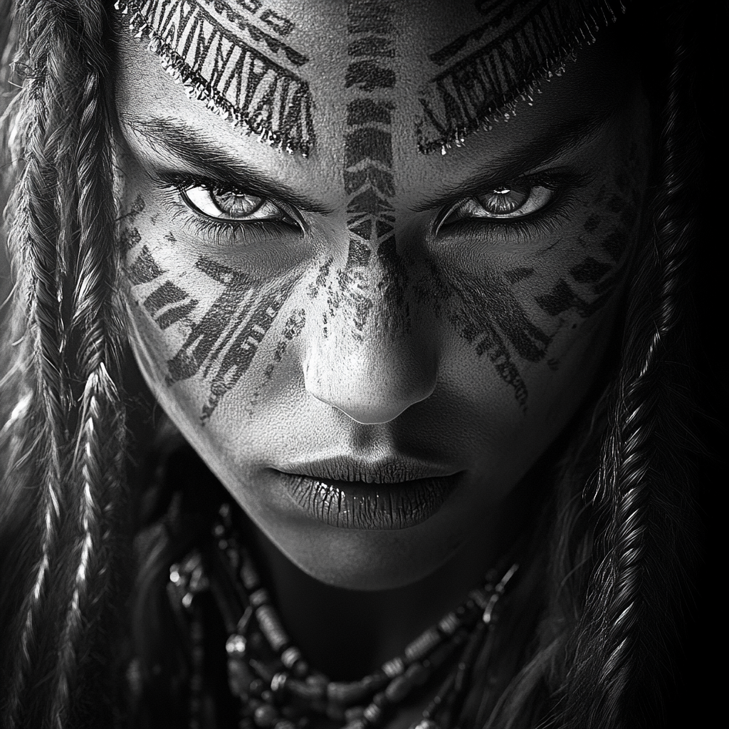 A fierce warrior woman with tribal markings portrait.