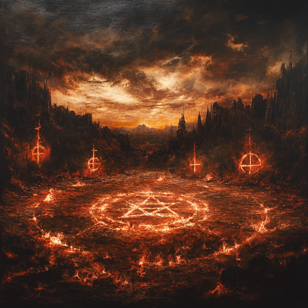 A fiery landscape of hell with cult symbols