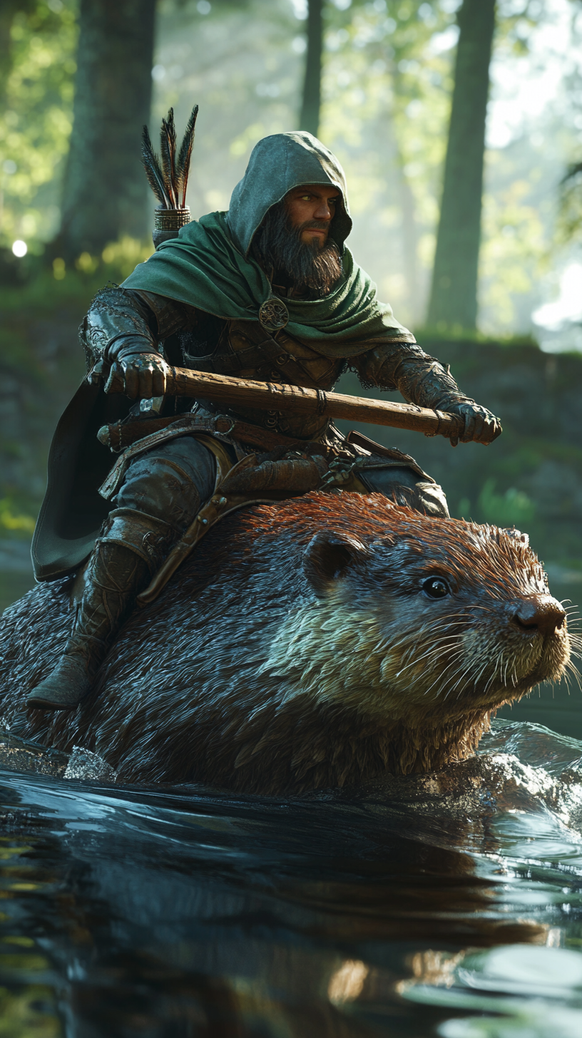 A fighter rides a beaver - highly detailed