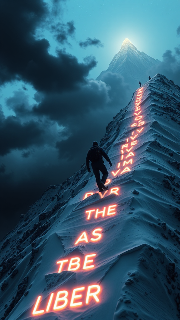 A figure climbing neon-lit mountain to Liberty.