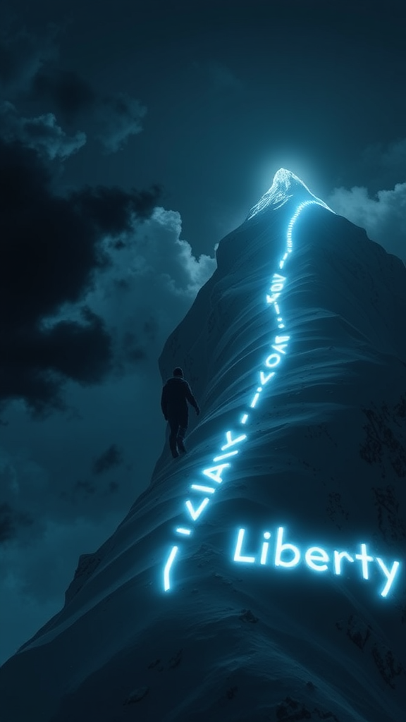 A figure climbs lit mountain towards goal.