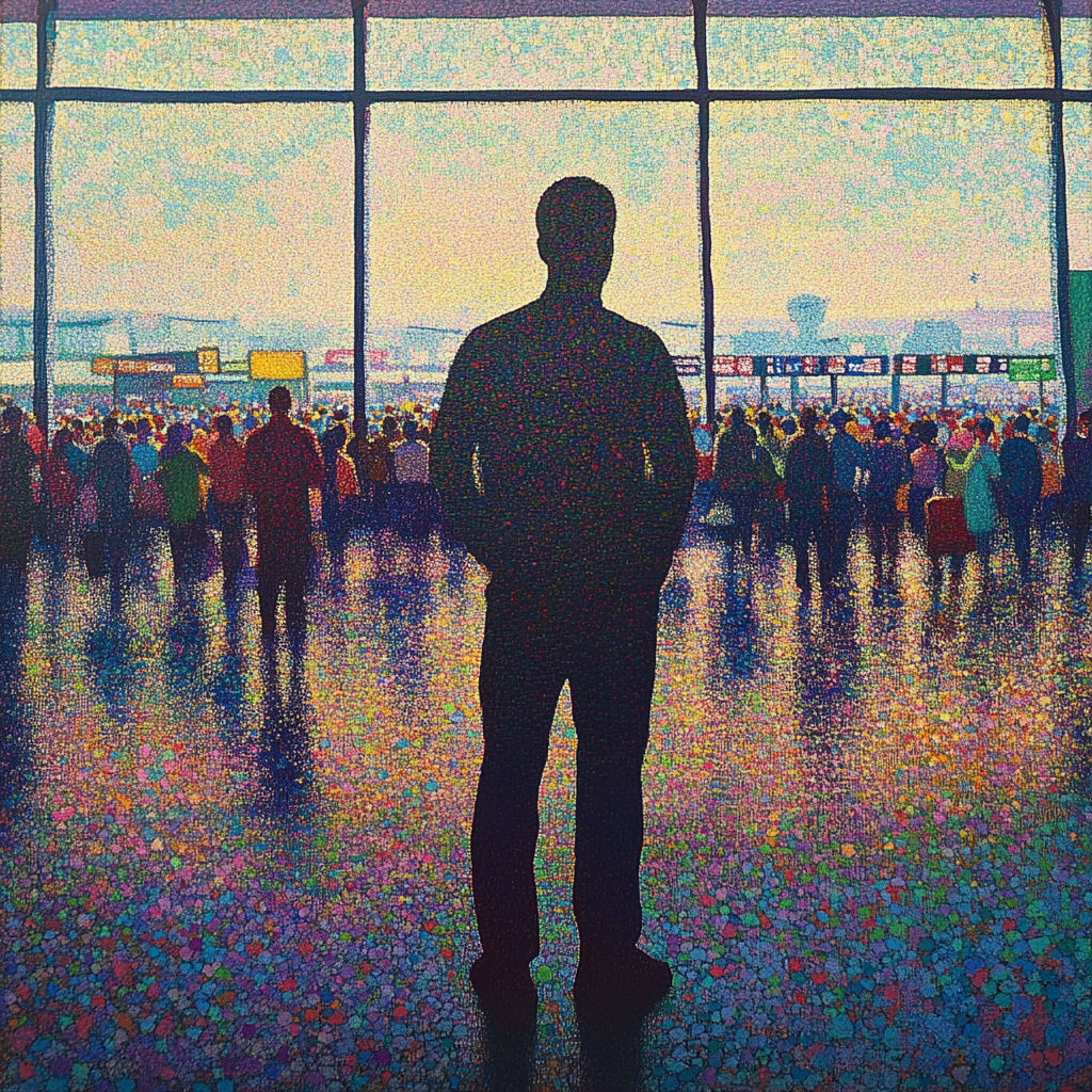 A figure in airport terminal made of tiny dots