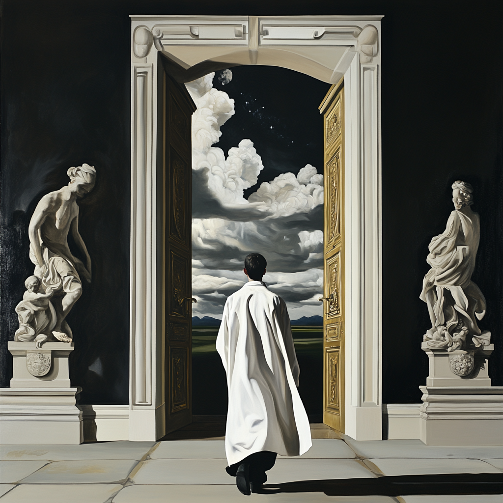 A figure in white robes entering Heaven's golden gates.