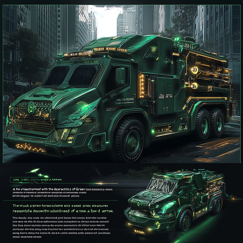 A fire truck styled like Green Arrow in city forest.