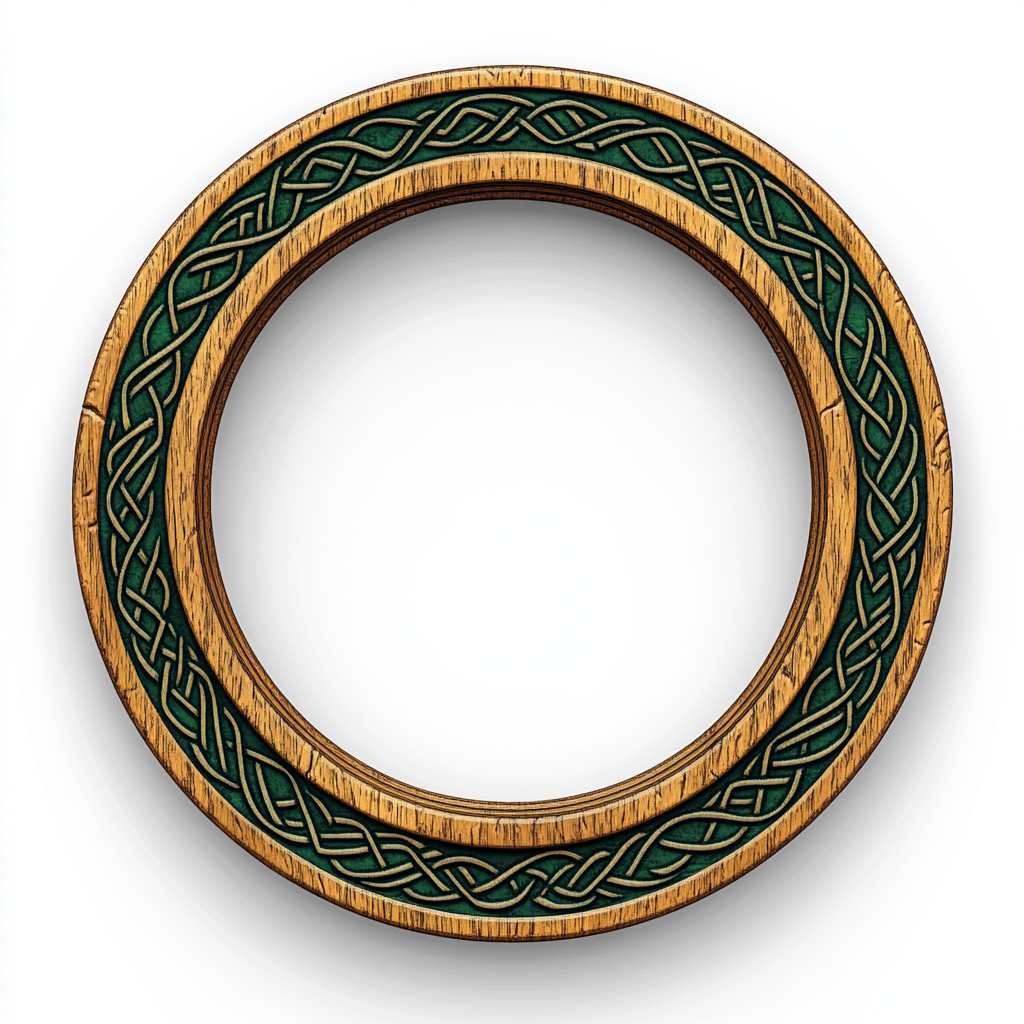 A flat wooden ring with celtic etchings.