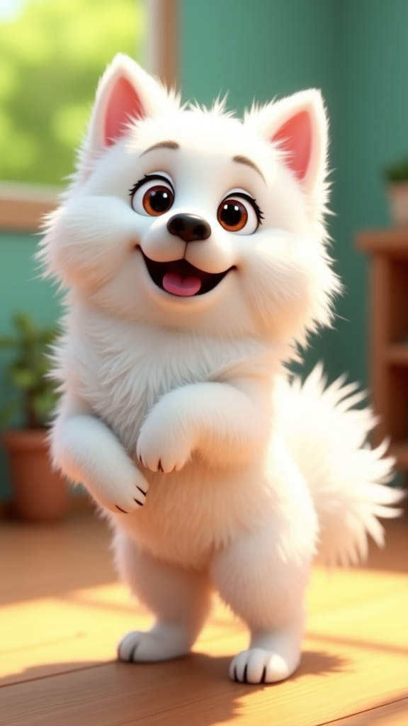 A fluffy American Eskimo dog in Pixar style