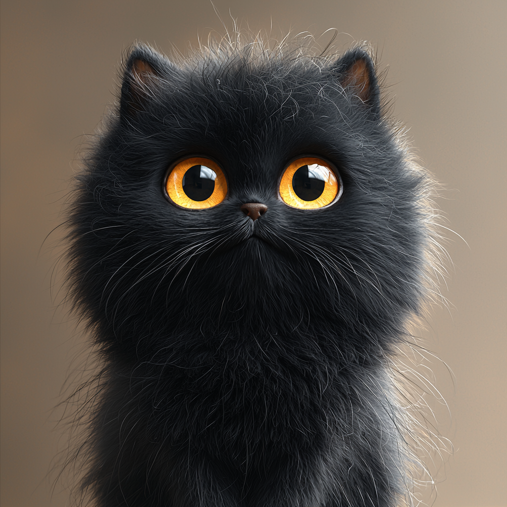 A fluffy black cat with a calm face