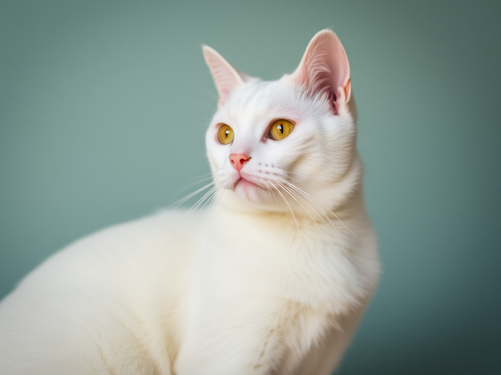 A fluffy white feline with bright green eyes.