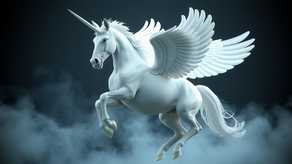 A flying white unicorn winged horse in 3D