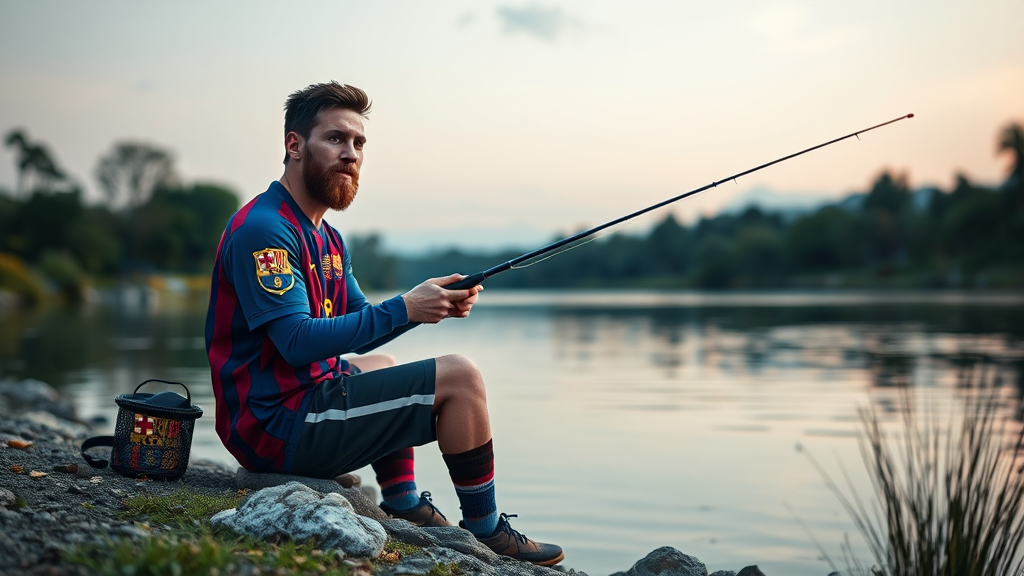 A football player in Barcelona jersey fishing by river.