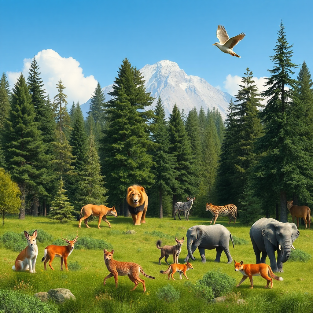 A forest with various animals under clear sky.