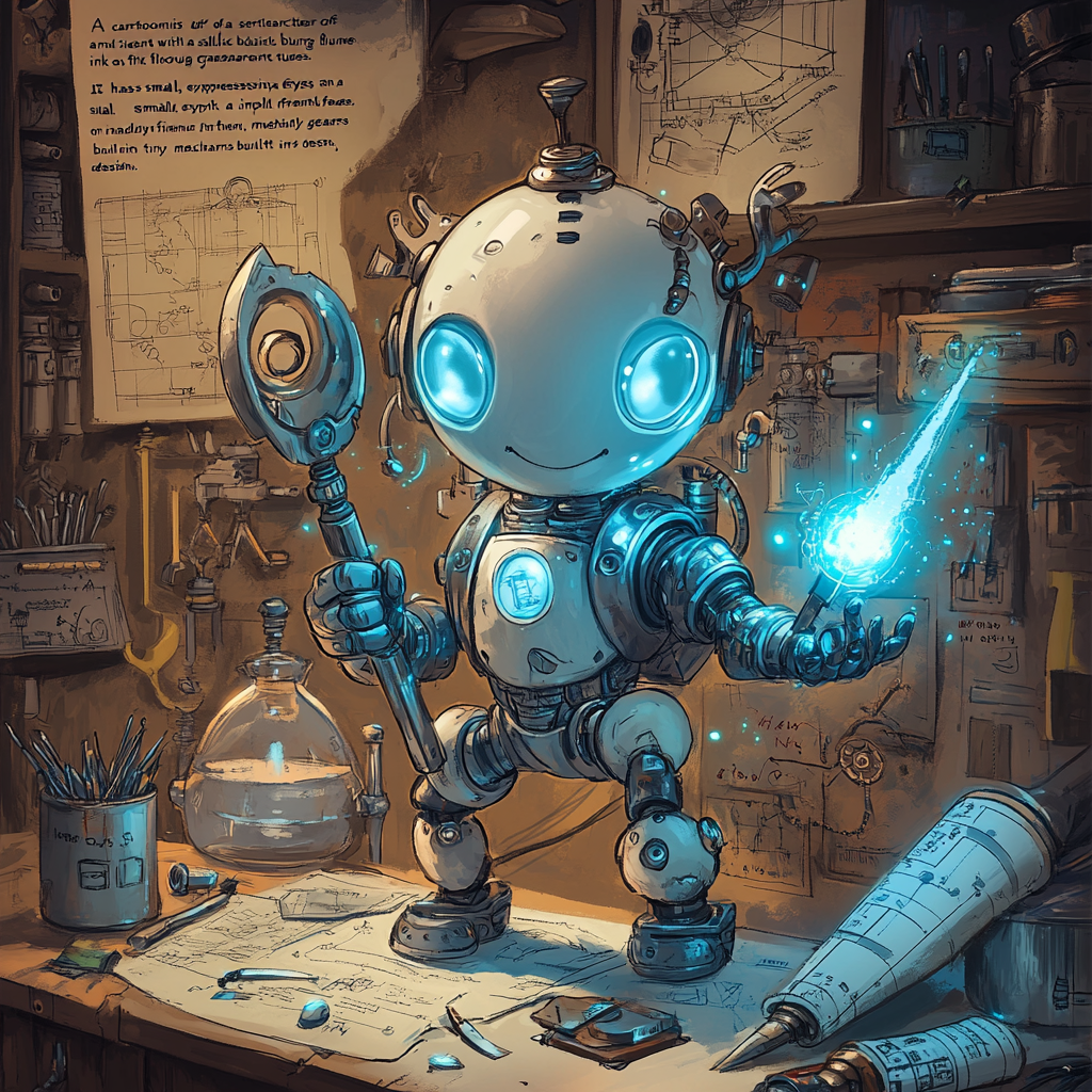 A friendly blueprint pen with magical tools and gears.