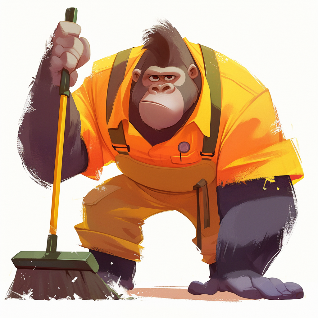 A friendly gorilla cleaning company worker in Zootopia.