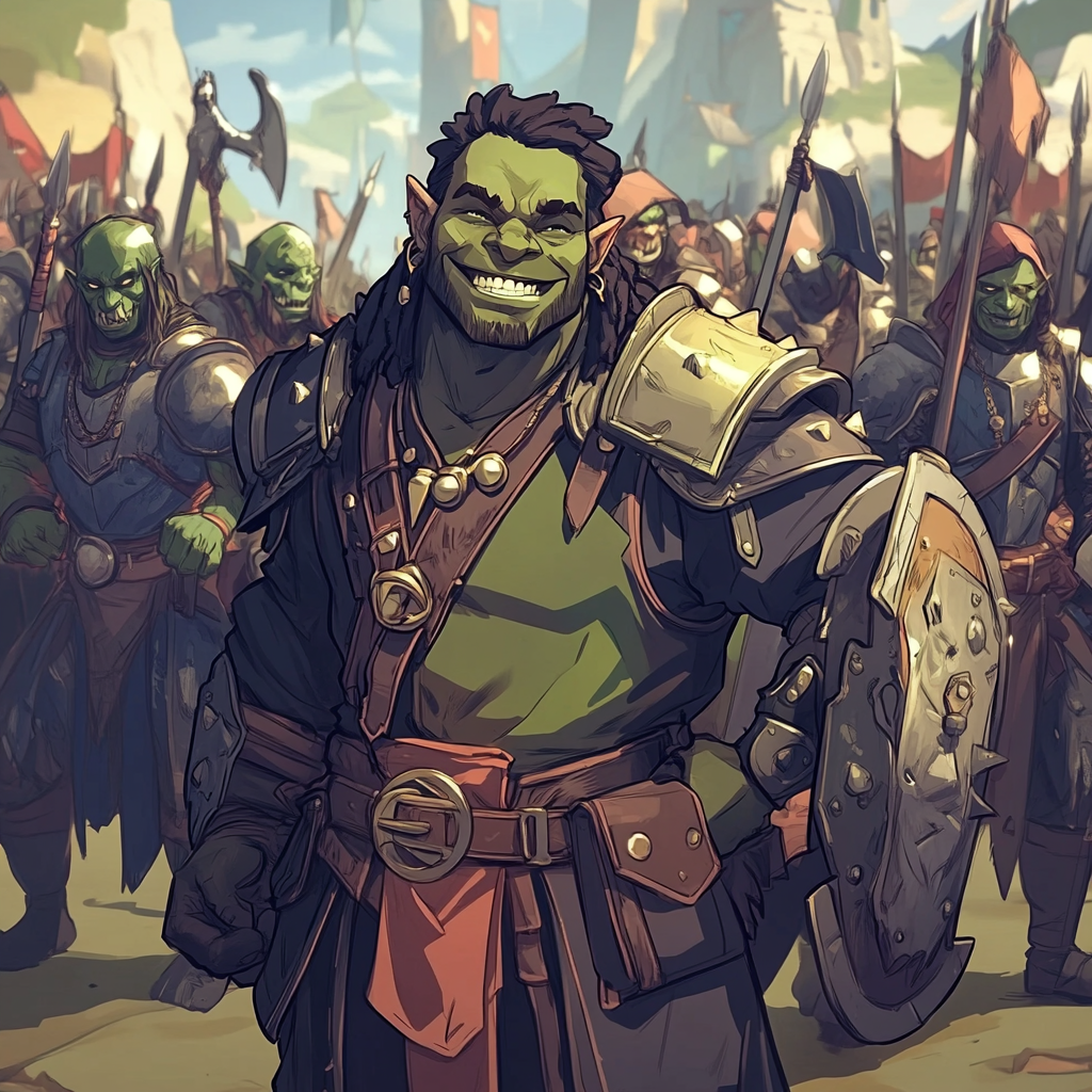 A friendly orc leader in fantasy business attire