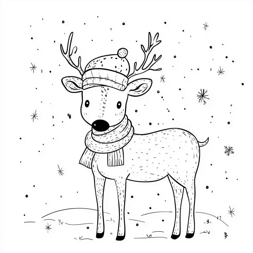 A friendly reindeer with a Christmas hat in snow