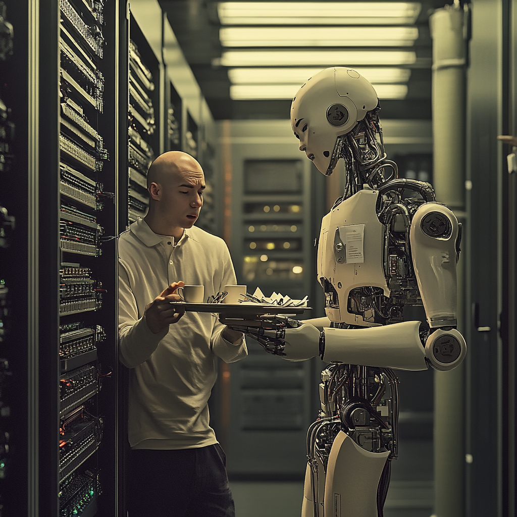 A frustrated man fixing server with robot assistance