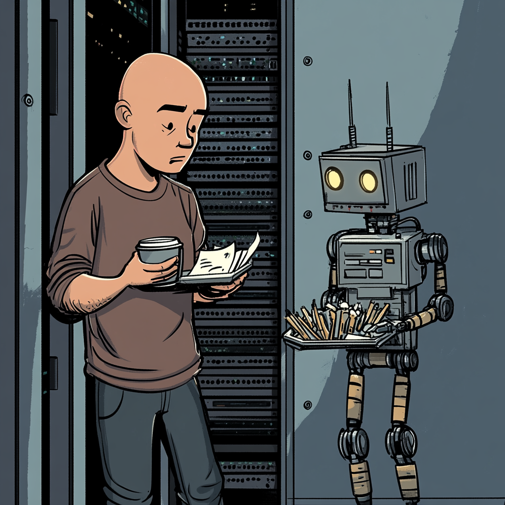 A frustrated man with coffee meets helpful robot.