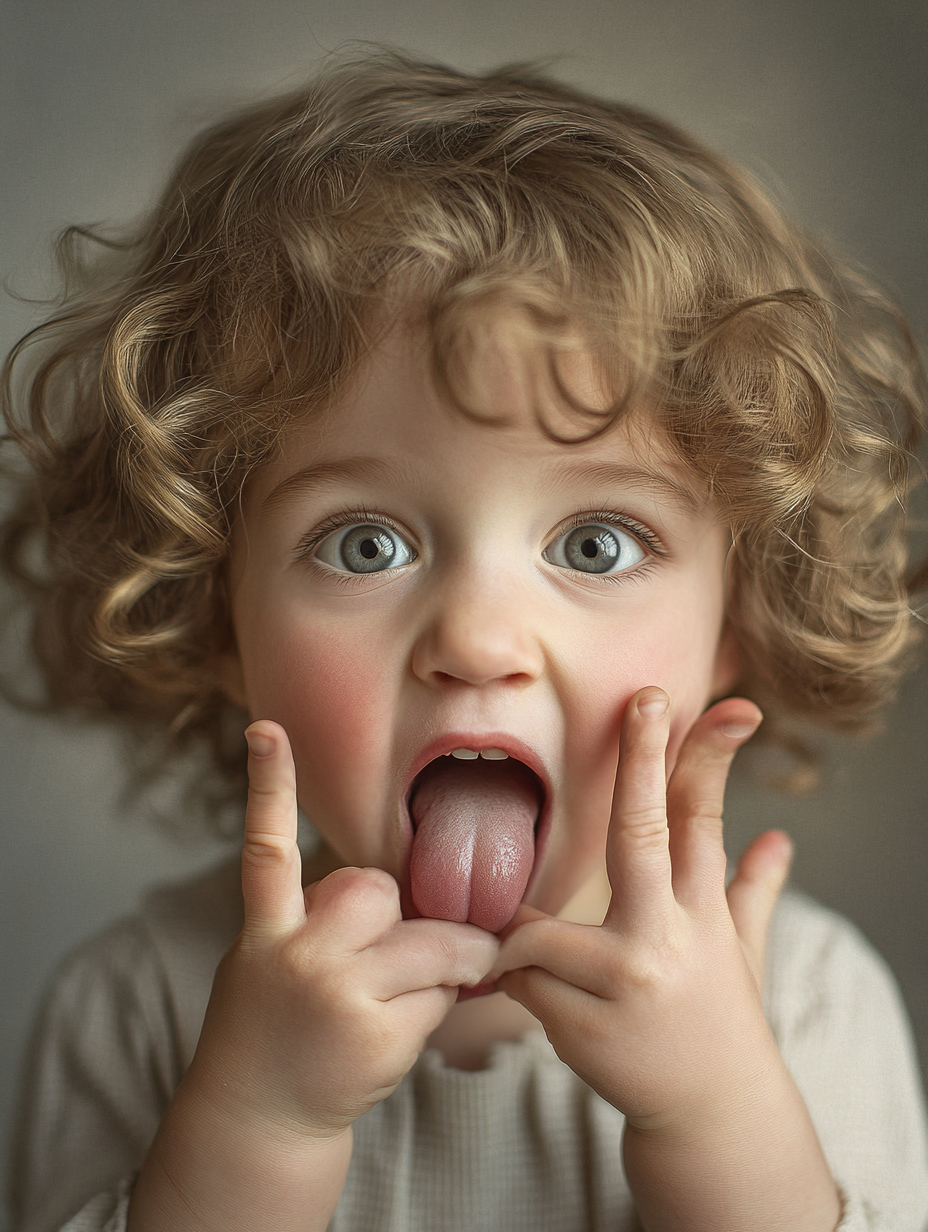 A funny 3-year-old girl makes silly face.