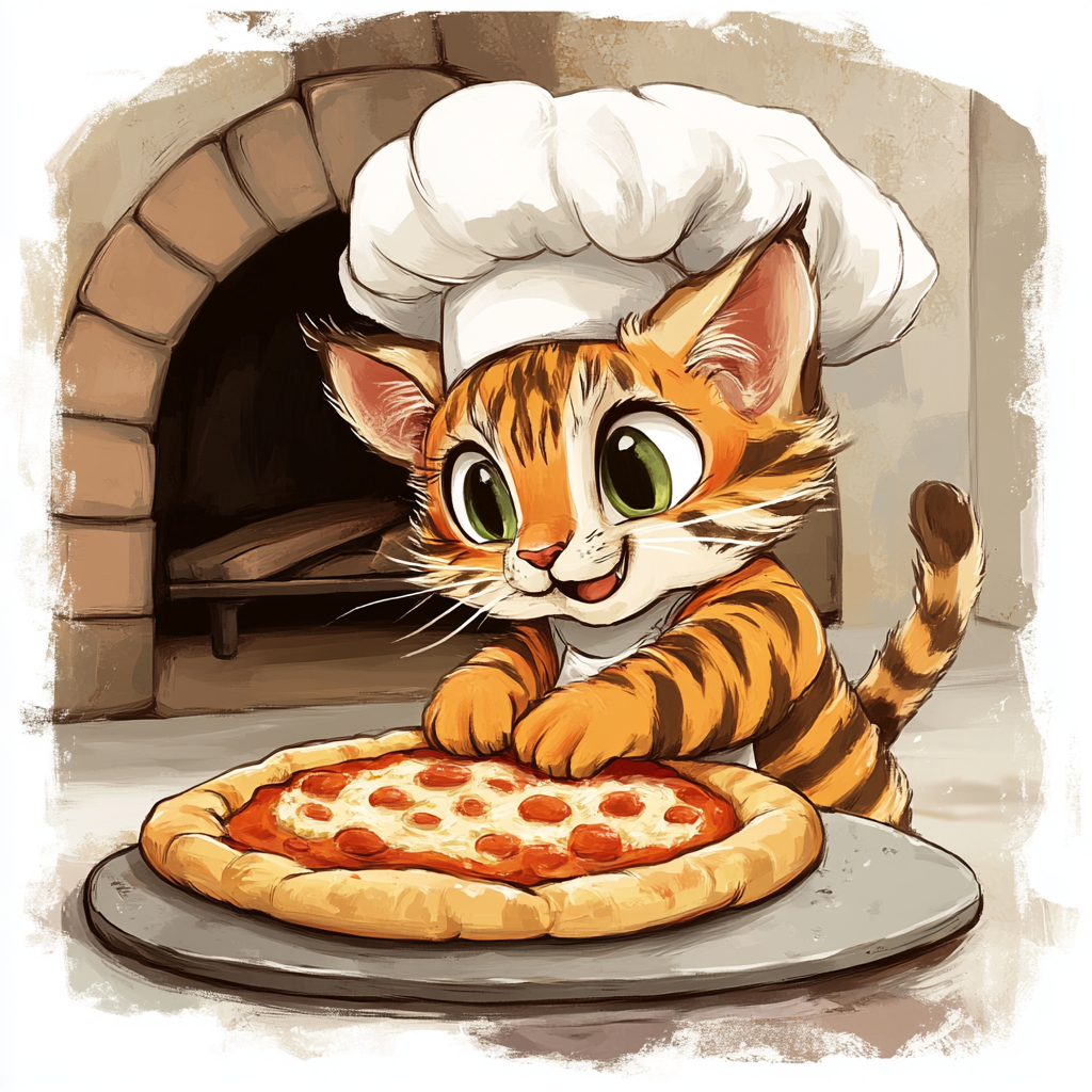 A funny cat chef making pizza in oven