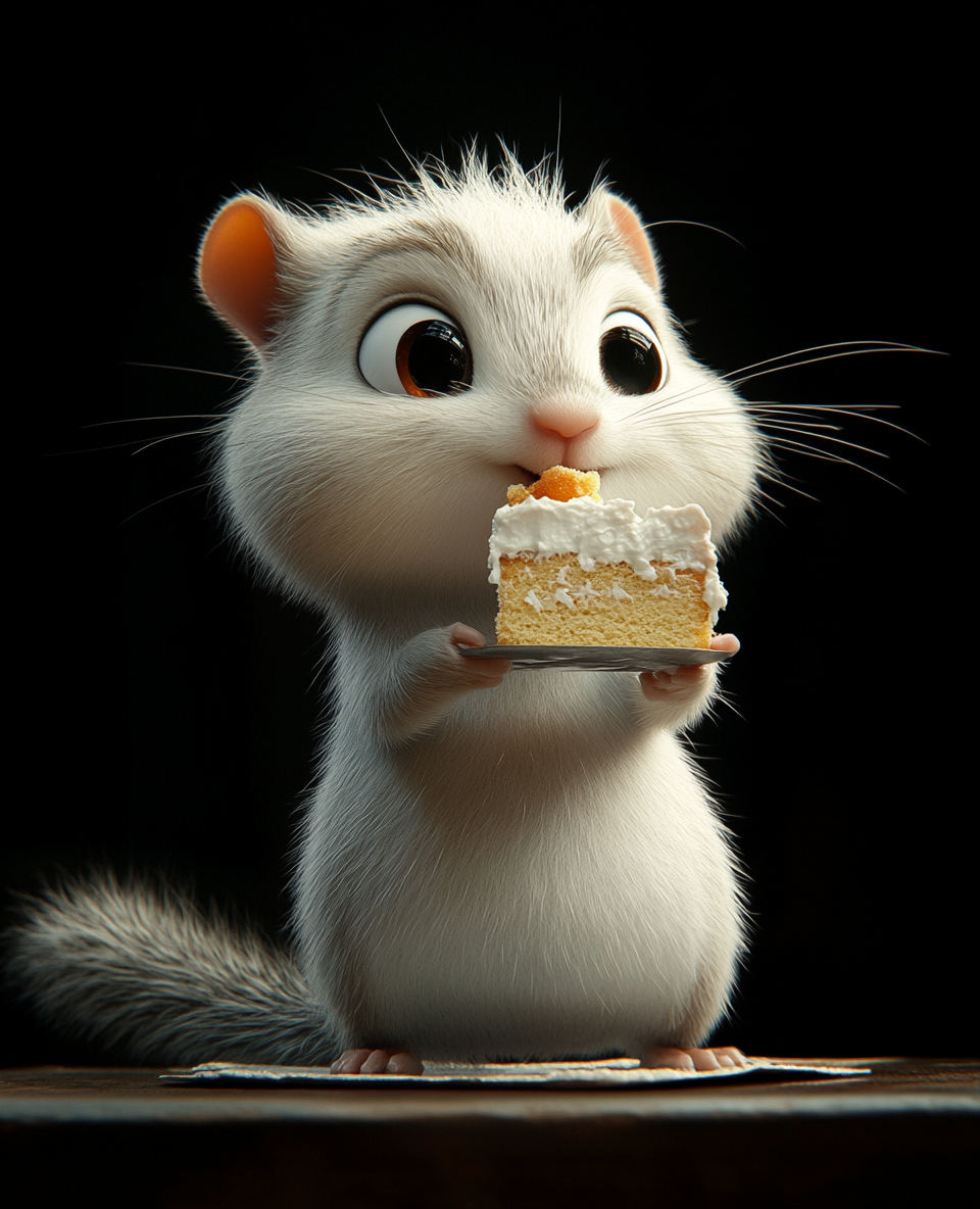 A funny chipmunk eating cake in cartoon style