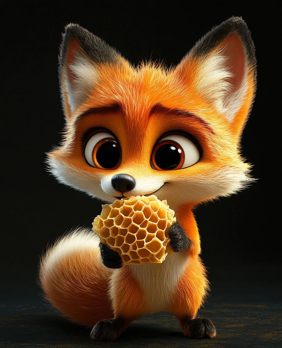 A funny fox pulls honeycomb in cartoon style