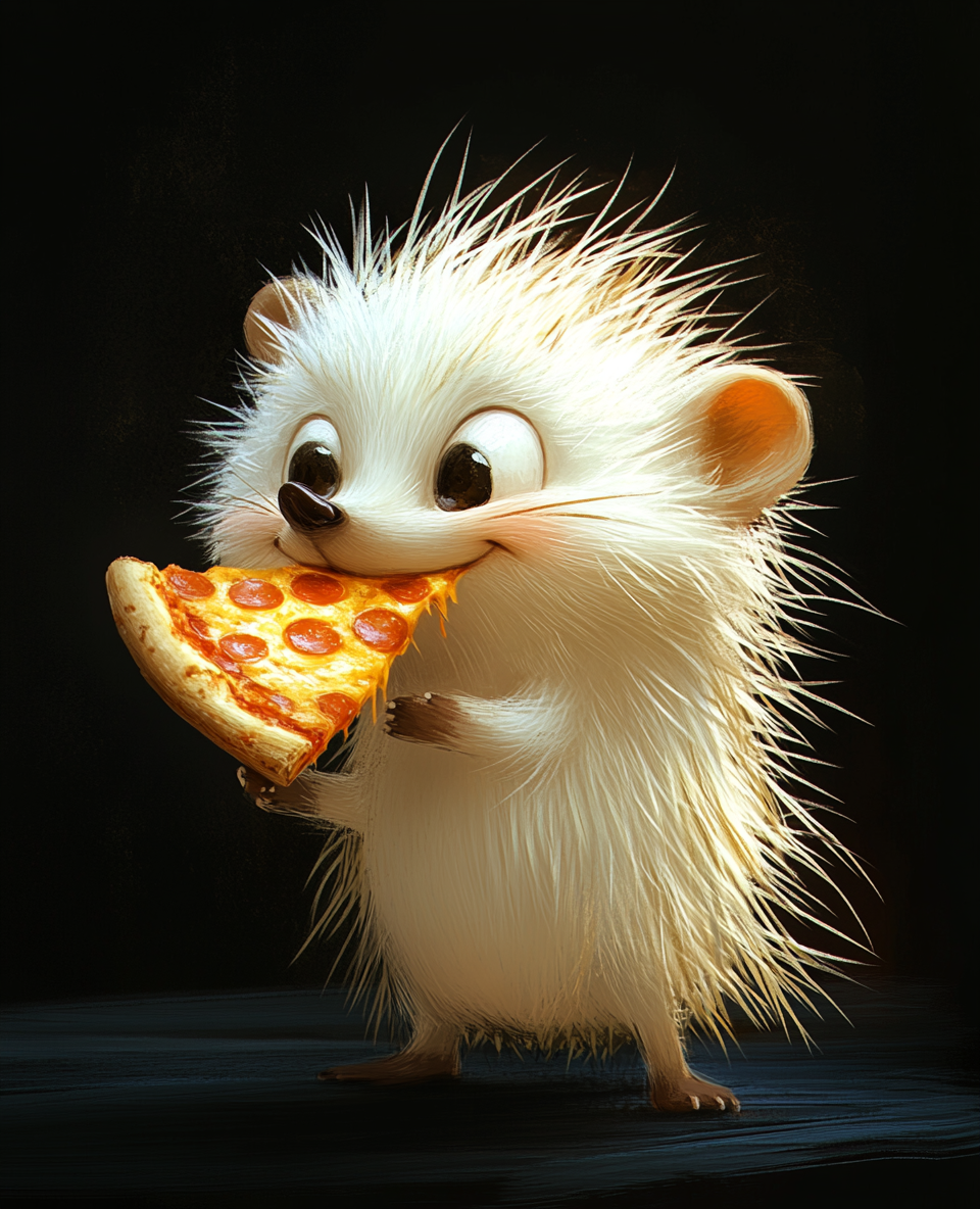 A funny white hedgehog enjoys pizza cartoon style