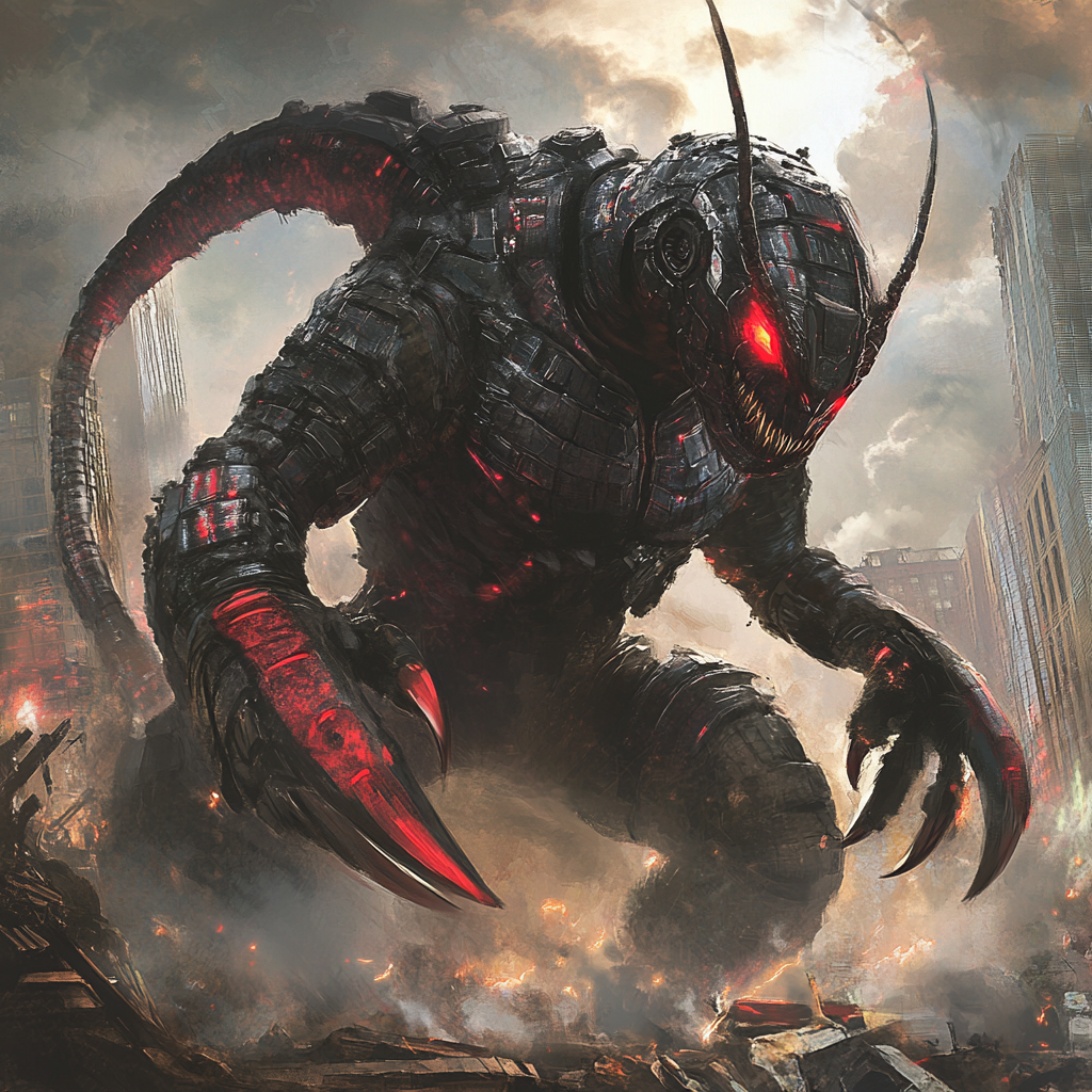 A fusion of Ant-Man and Godzilla in destroyed city.