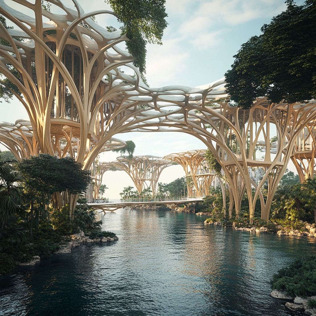 A futuristic, nature-inspired community over water