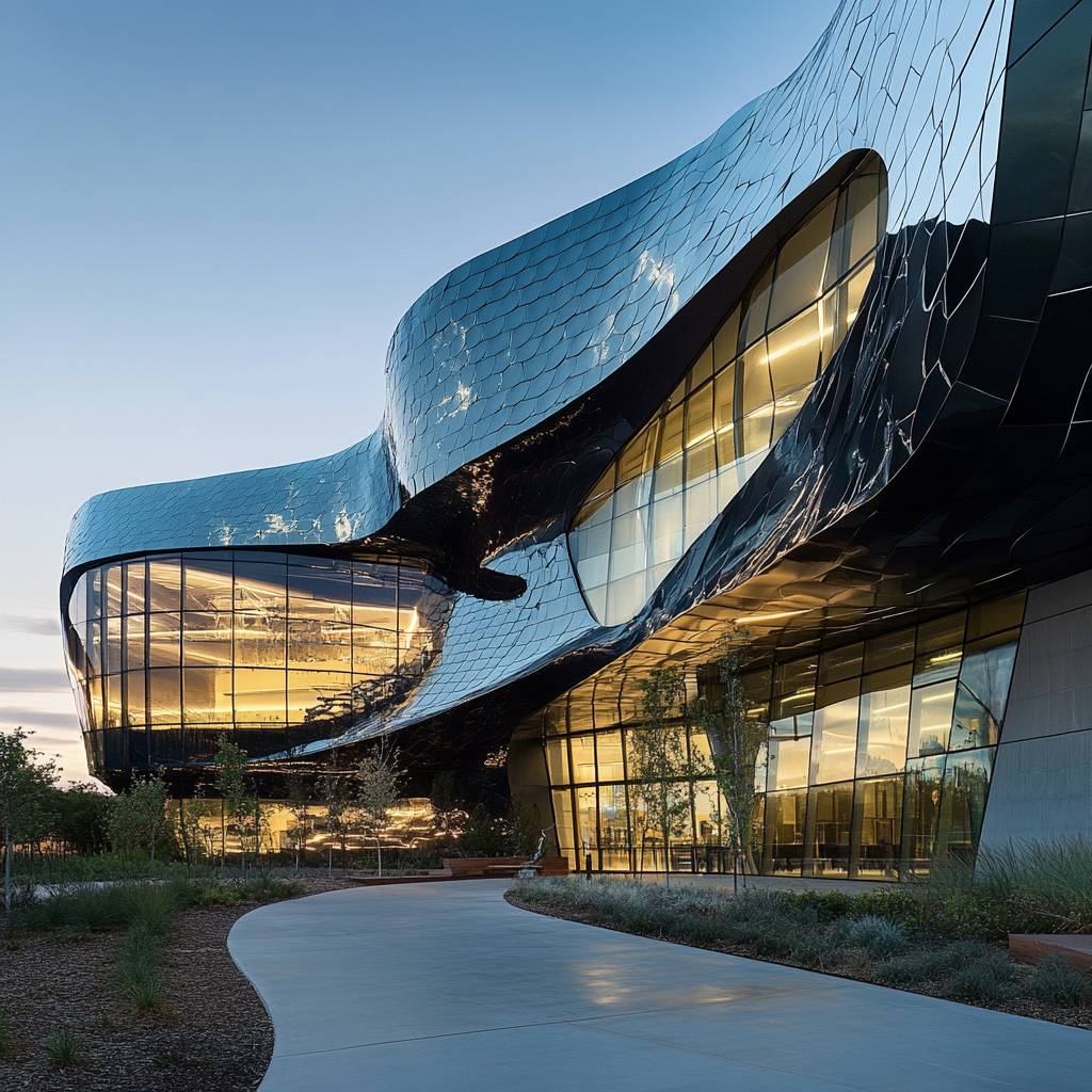 A futuristic, sustainable building with fluid, angular forms.