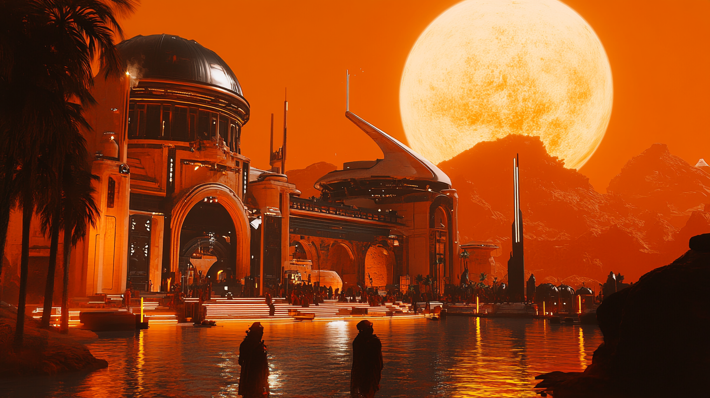 A futuristic ancient city sparkling under red sun