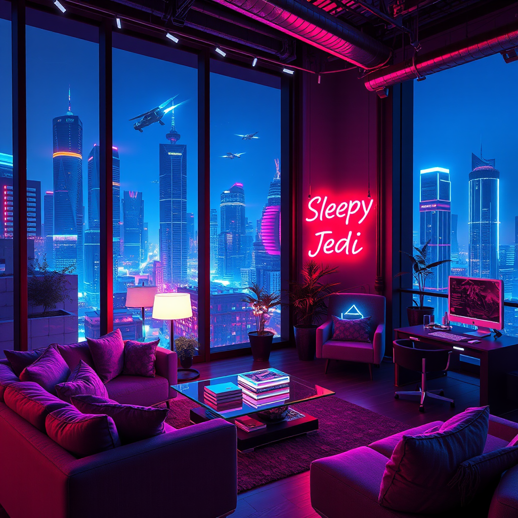 A futuristic cyberpunk loft with neon accents.