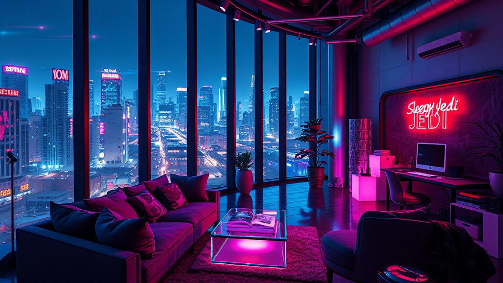 A futuristic cyberpunk loft with neon-lit cityscape.