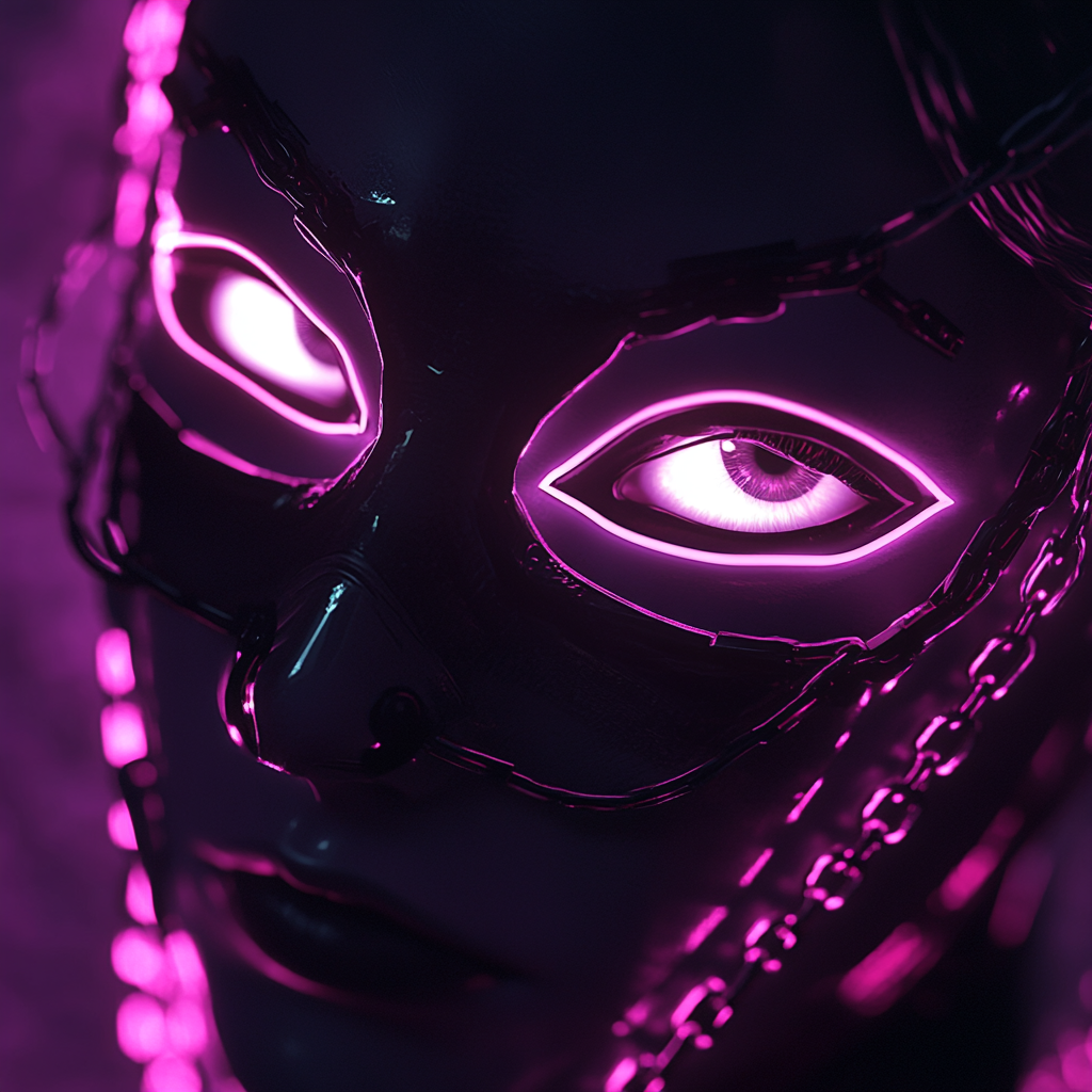 A futuristic cyberpunk mask with glowing eyes.