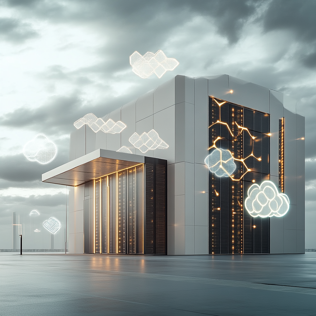 A futuristic data center with on-site servers and cloud icons.