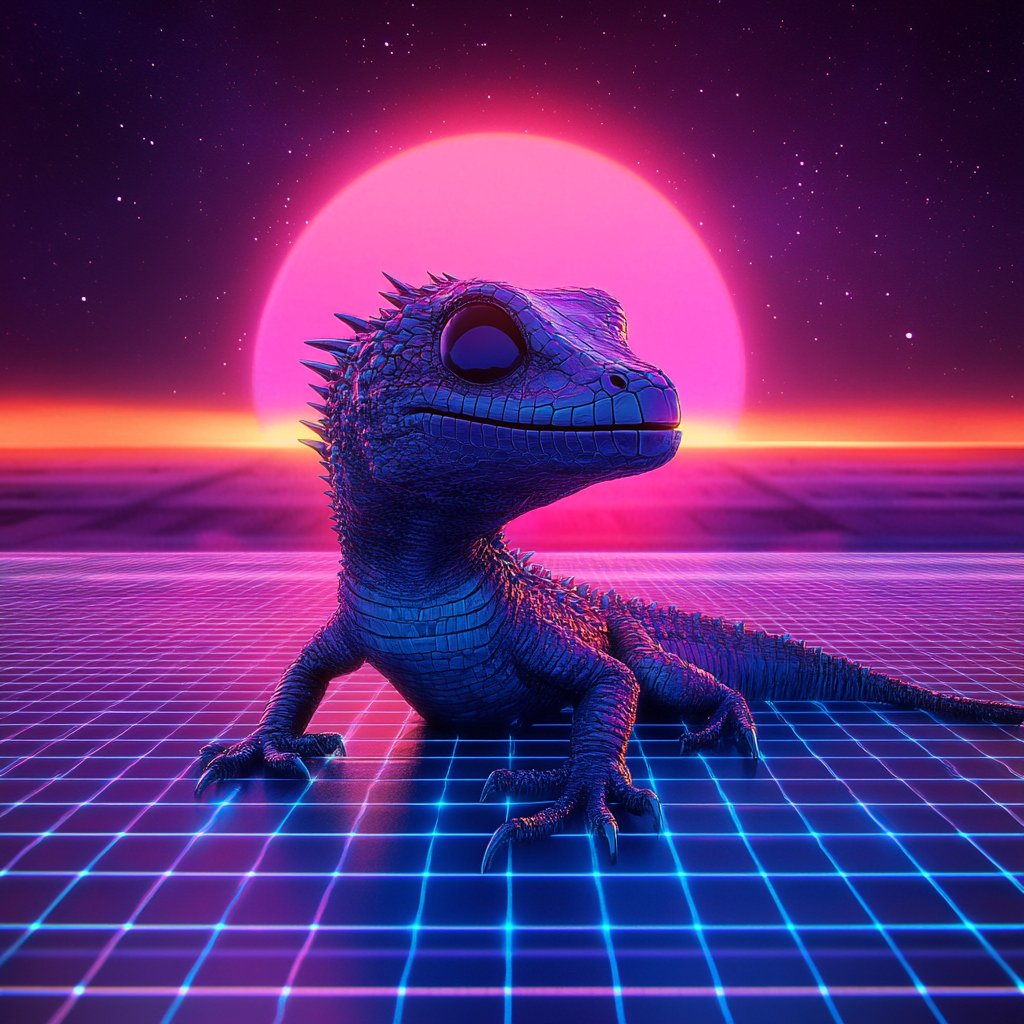 A futuristic dragon gecko in neon colors sunset