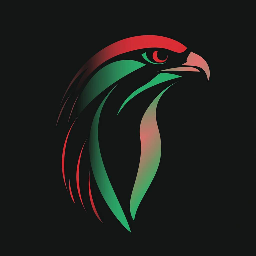 A futuristic falcon logo with UAE flag colors