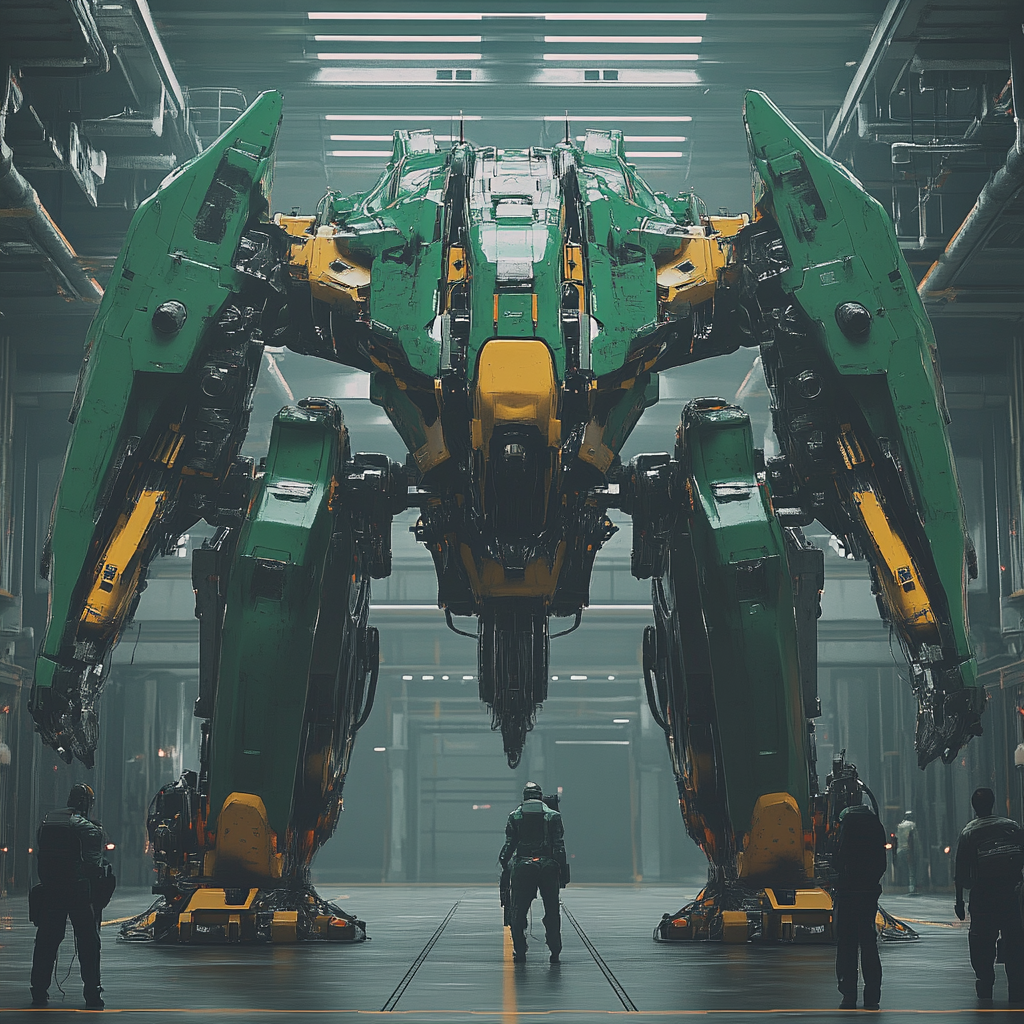 A futuristic green and yellow mecha ready for launch