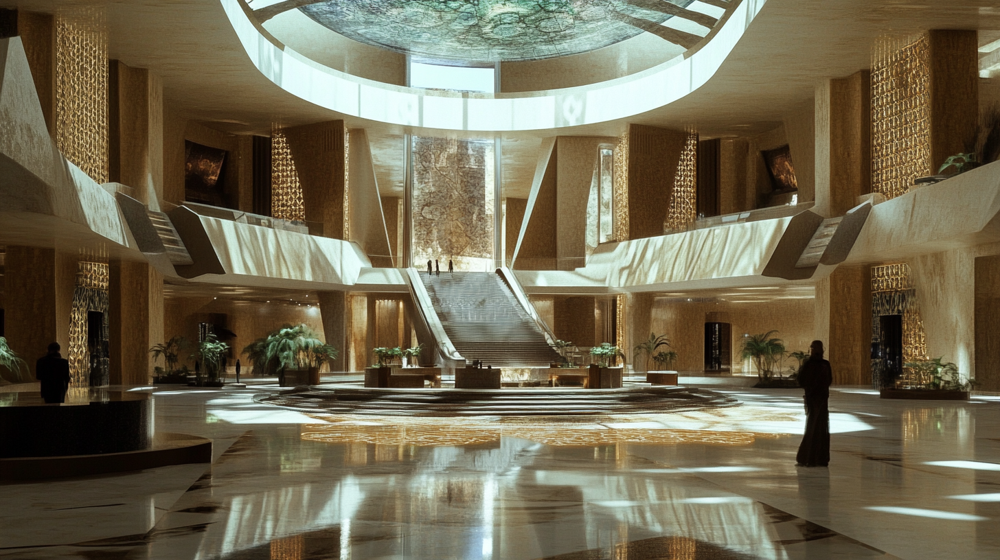 A futuristic lobby with glass rooms and Greek design.