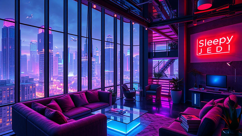 A futuristic loft with neon cyberpunk city view.