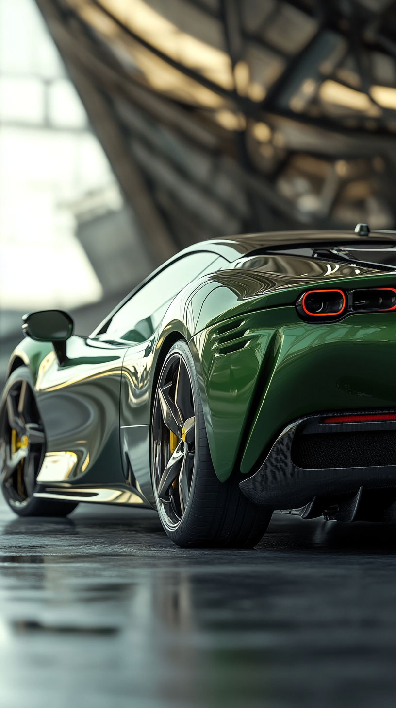 A futuristic metallic green Ferrari SF90 Stradale