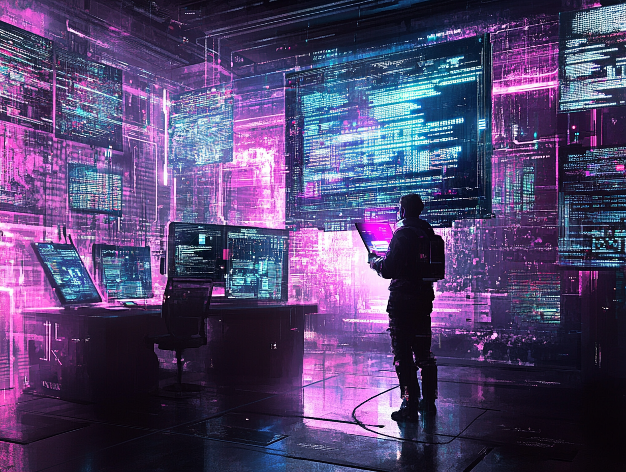 A futuristic office scene with holographic code screens