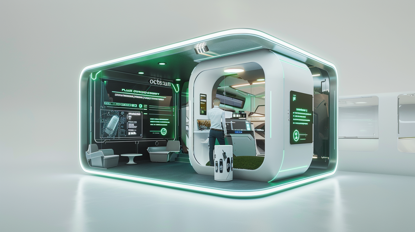 A futuristic police department booth engages visitors