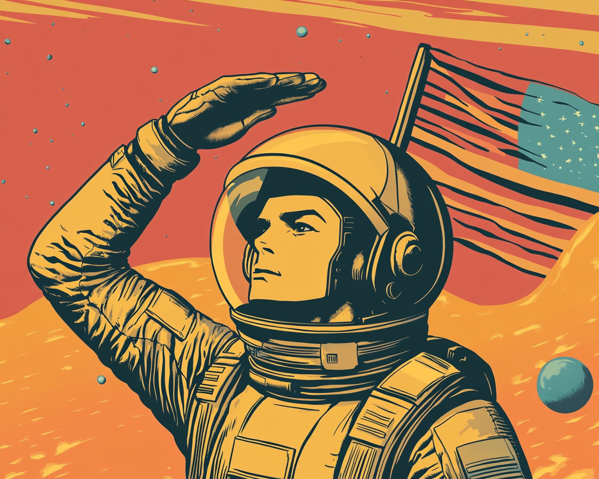 A futuristic soldier saluting with space flag