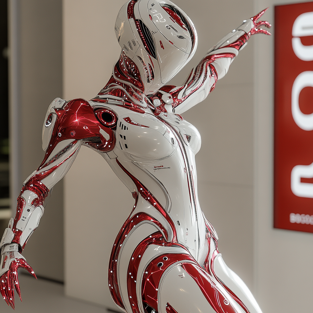 A futuristic space dancer in red and white.