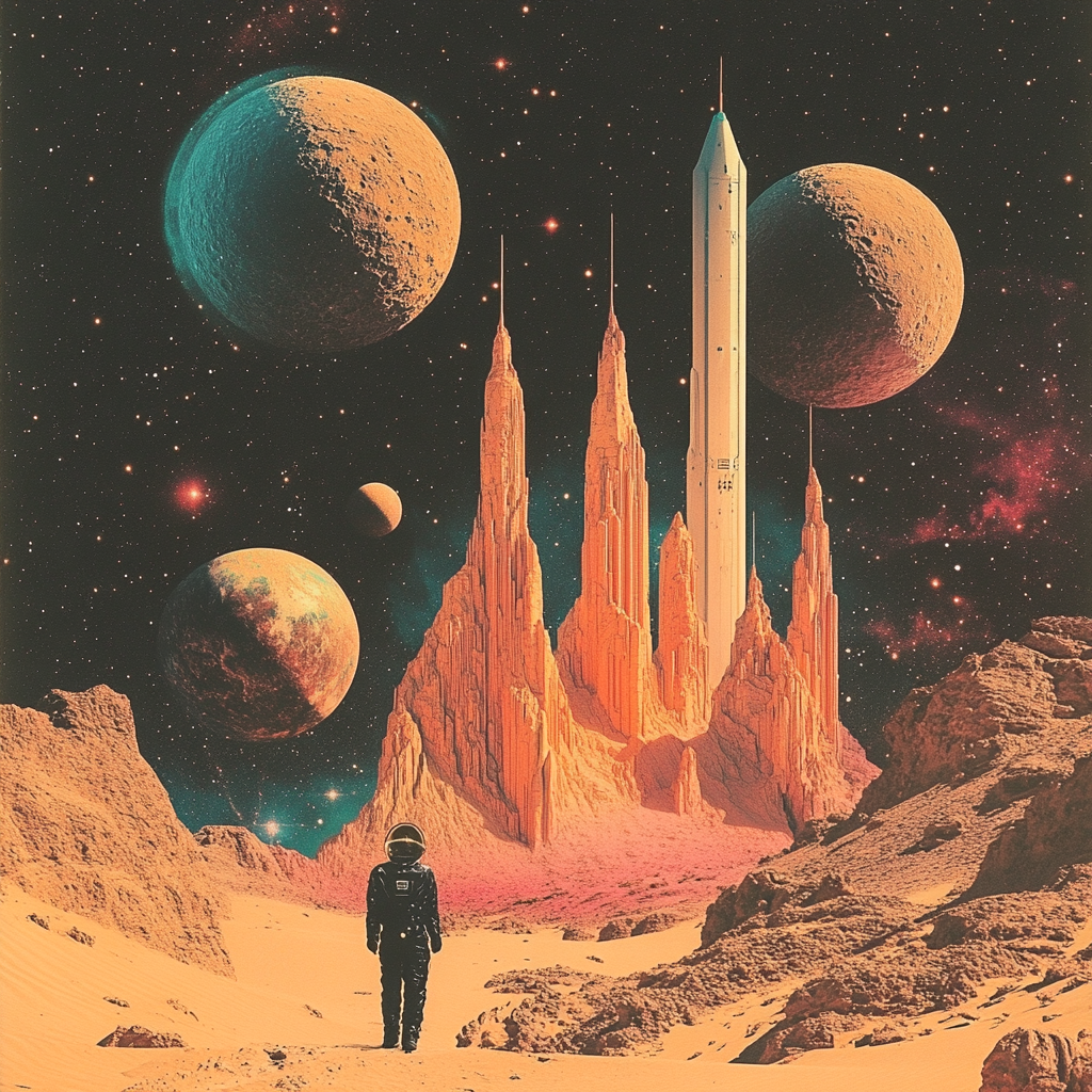 A futuristic utopian collage with space and aliens